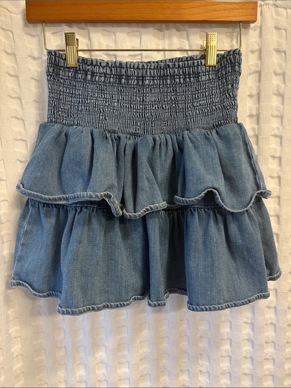 aerie Light Blue Denim Tiered Smocked Mini Skirt